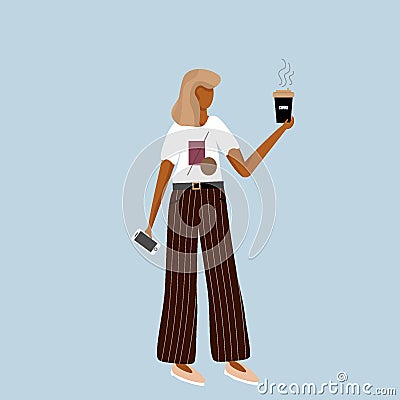 Trendy businesswoman with coffee and phone Vector Illustration